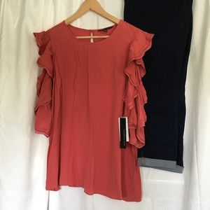 NWT Unique Peek-a-Boo Arm Ruffled Top
